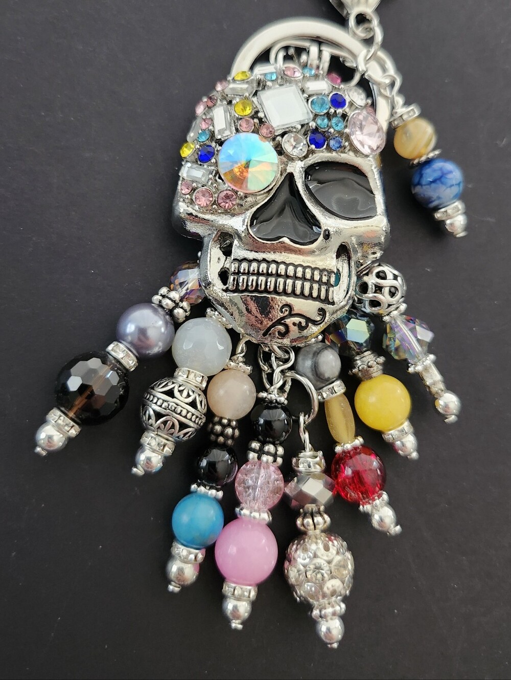 Skull Purse Charm or Keychain Rhinestone Quartz Jade Jasper Handcrafted